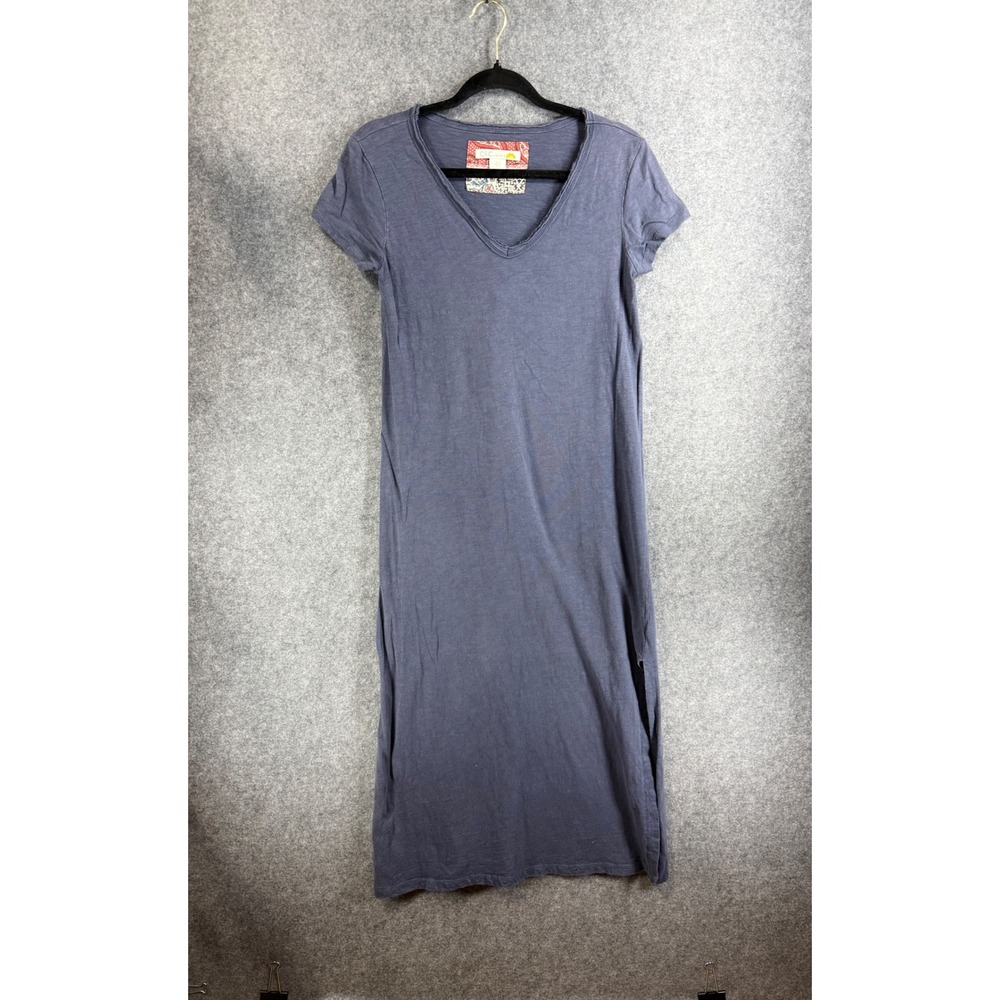 C&C California Womens Blue Slub Knit Short Sleeve Maxi Dress Side Slit small